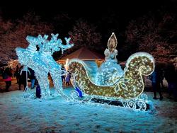 Zdobený světelný kočár tažený dvěma soby.